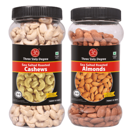 360 Three Sixty Degree Roasted Whole Salty Cashews + Almonds 1 K.g (500 Grams x 2) JAR COMBO | Crunchy Badam | Crunchy Kaju | Protein Rich Nutritious and Super Tasty