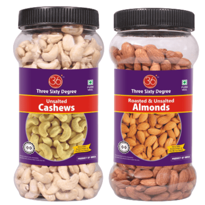 360 Three Sixty Degree Roasted Whole Unsalted Cashews & Almonds 1 K.g (500 Grams x 2 ) JAR COMBO | Crunchy Badam | Crunchy Kaju | Protein Rich Nutritious and Super Tasty