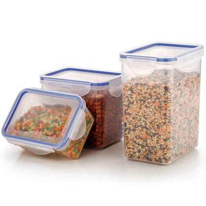 URBAN CREW RECTANGLE ABS AIRTIGHT FOOD STORAGE CONTAINERS WITH LEAK PROOF LOCKING LID STORAGE CONTAINER SET OF 3 PC (APPROX CAPACITY 500ML,1000ML,1500ML, TRANSPARENT)