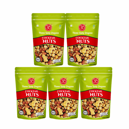 360 Three Sixty Degree Cocktail Nuts Zipper 120Gram X 5 = 600Grams | Mixnuts | Chickpeas | Almond| Cashew| Salty Kaju Badam| Chana| Khara Sing Mungfali | Crunchy Nuts| Tasty & Nutritious| High Protein