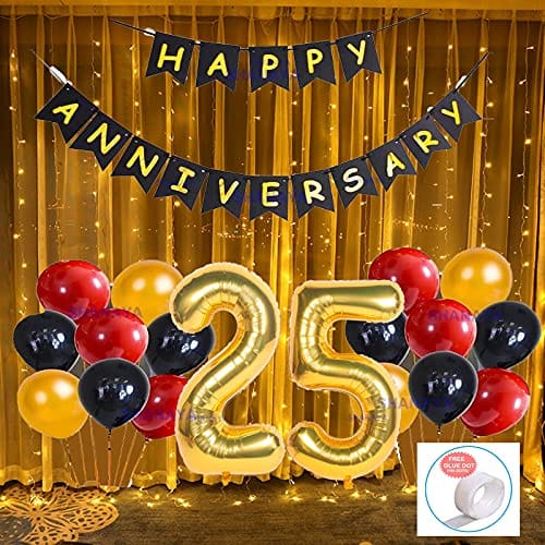 SHANAYA 25th Happy Anniversary Decoration Kit - 64Pcs Set For Husband Wife Decoration Items Combo - Happy Anniversary Bunting Banner Black Gold Number 25 Foil Balloons Metallic Balloons Glue Dot