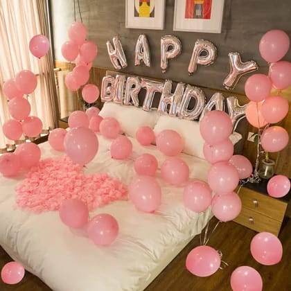 SHANAYA Happy Birthday Decoration Items Kit Combo 39Pcs Set For Girls Wife Happy Birthday Silver Banner Balloons Pink Metallic Balloons Party Supplies Silver Pink Theme