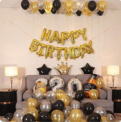 SHANAYA Birthday Decorations Items For Girls Boys Husband Wife Combo Set Kit -44Pcs Set Happy Birthday Golden Foil Balloons Metallic Gold Black Silver Baloons Party Supplies