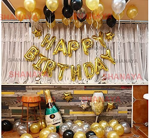 SHANAYA Birthday Decoration Items For Girls Boys Husband Wife Combo Set Kit -46Pcs Set Happy Birthday Gold Foil Balloons Metallic Gold Silver Black Baloons Bottle Glass Foil Party Supplies