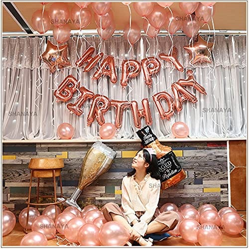 SHANAYA Birthday Decorations Items For Girls Boys Husband Wife Combo Set Kit -48Pcs Set Happy Birthday Rose Gold Foil Balloons Metallic Rose Gold Baloons Glass Bottle Star Foil Party Supplies