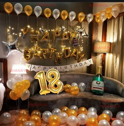 SHANAYA Happy 18th Birthday Decoration Items For Girls Boys Combo Kit -45Pcs Set Happy Birthday Gold Foil Balloons Gold Silver Metallic Baloons Number 18 Gold Foil Balloons Party Supplies