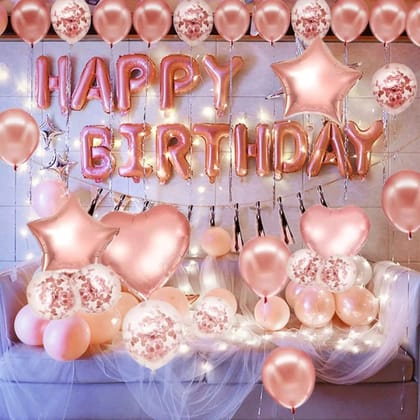 SHANAYA 48Pcs Rose Gold Happy Birthday Decoration Kit Items Includes Happy Birthday Foil Balloons Star Heart Foil Balloons Metallic Balloons Confetti Balloons Glue Dot Ribbon For Indoor D�cor