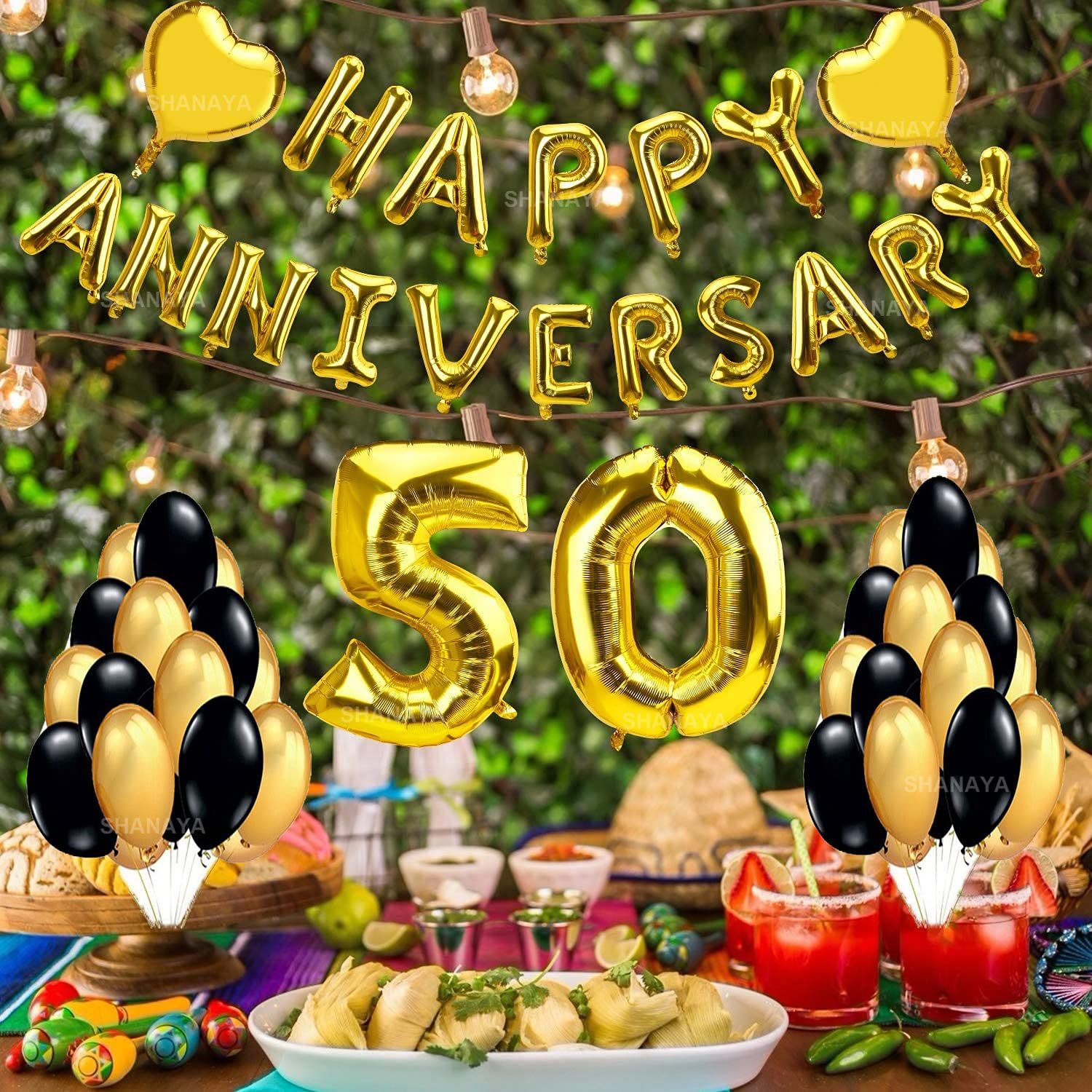 SHANAYA 50th Year Anniversary Balloon Decorations Happy 50th Anniversary Party Supplies Balloon Banner With Heart Foil 50th Wedding Anniversary Supplies Decoration