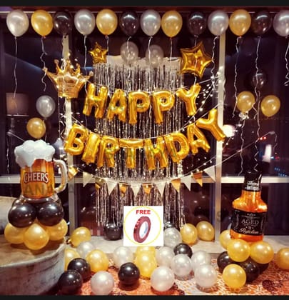 SHANAYA Birthday Decoration Items| Birthday Decoration For Girls Boys Husband Wife| Birthday Decoration Set Kit| 50Pcs Includes Happy Birthday Gold Foil Balloons Crown Cheers Bottle Star Foil Balloons