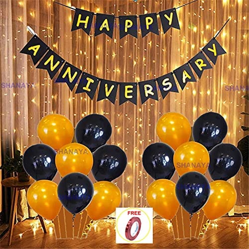 SHANAYA Happy Anniversary Decoration Kit - 52Pcs Set For Husband Wife Decoration Items Combo - Happy Anniversary Bunting Banner Black Gold Metallic Black Gold Balloons Ribbon Party Supplies