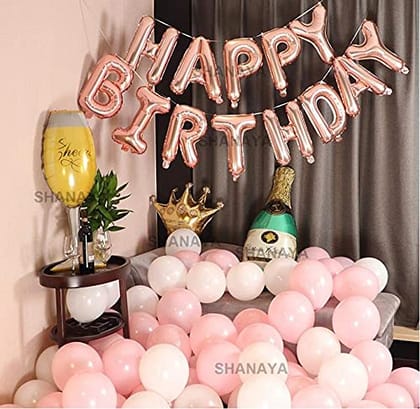 SHANAYA Rose Gold Pink Birthday Decoration Items For Girls Wife Combo Kit -56Pcs Set Happy Birthday Foil Balloons, Crown Bottle Glass Foil Metallic Pink White Baloons Party Supplies