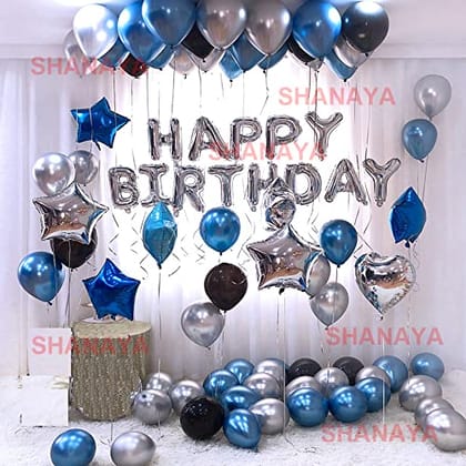 SHANAYA Birthday Decoration Items Combo Kit - 59Pcs Set Includes Happy Birthday Silver Foil Balloons, Metallic Black Silver Blue Balloons Glue Dot For Party Supplies