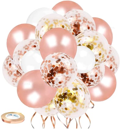 SHANAYA Party Decoration Kit - 62Pcs Set For Boys Girls Husband Wife Special Decoration Items Combo - Metallic Rose Gold White Balloons Gold Rose Gold Confetti Balloons Glue Dot Ribbon Party Wedding Bridal Shower Engagement Supplies