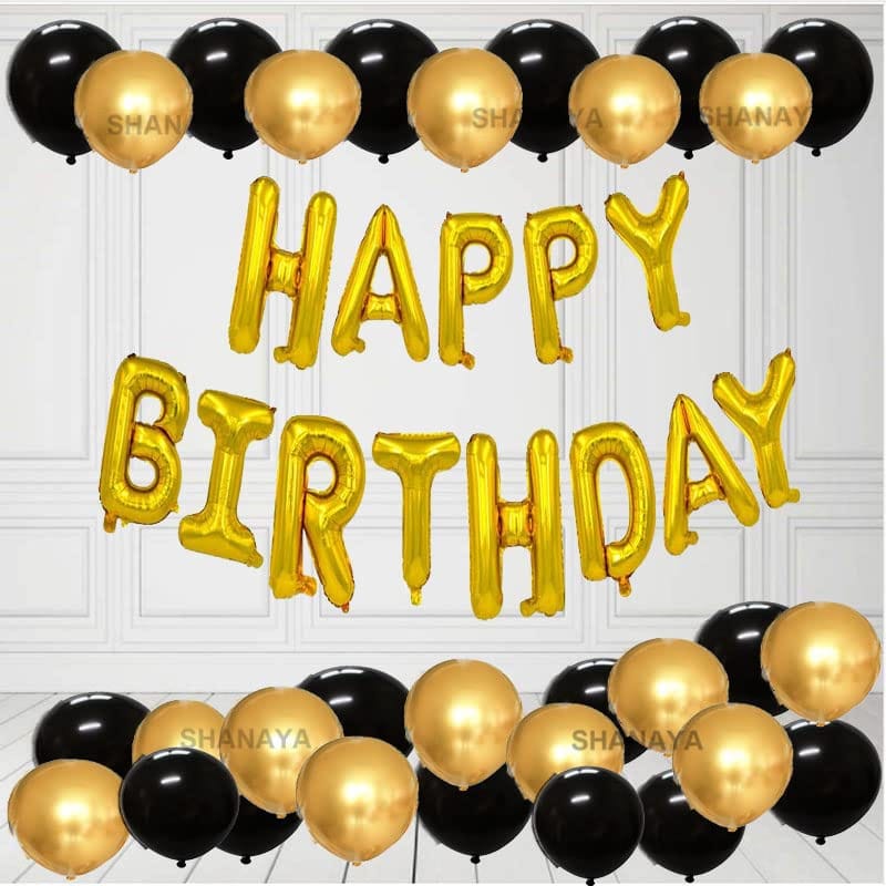 SHANAYA Happy Birthday Decoration Kit - 64Pcs Set For Boys Girls Husband Wife Special Decoration Items Combo - Happy Birthday Golden Foil Balloons Metallic Black Gold Balloons Glue Dot Party Supplies