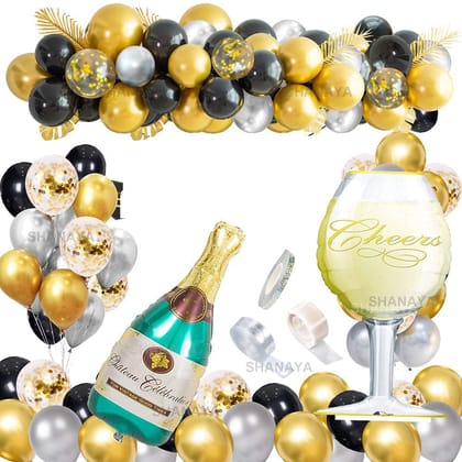 SHANAYA 50 Pcs Party Decorations Set Includes Giant Size Champagne Bottle Glass Foil Balloons, Metallic Confetti Balloons, Wedding Birthday New Year Party Supplies