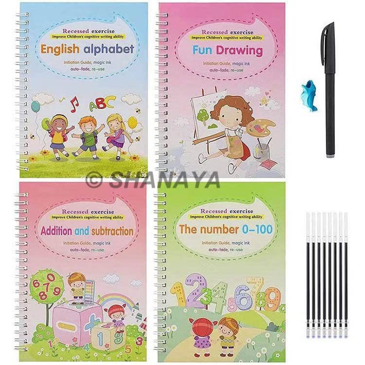 SHANAYA Magic Practice Book for Kids (4 Books + 1 Pen + 8 Refills + 1 Grip) Reusable Groove Writing Calligraphy Wipe Free Early Educational Book