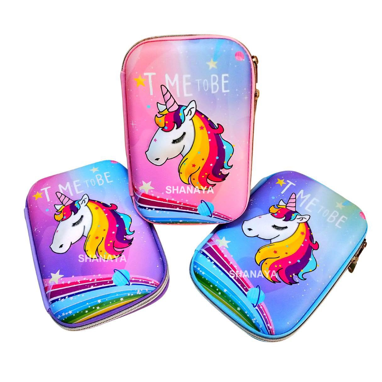 SHANAYA Premium Stylish Large Capacity 3D Hardtop Embossed Cute Unicorn Rainbow Smiggle EVA Pencil Pouch Case Box for School College Girls Boys Stationery Items (Random Color)