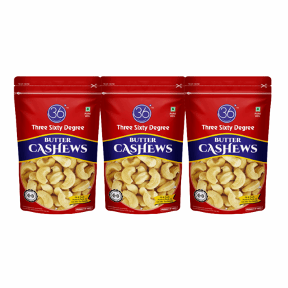 360 Three Sixty Degree Roasted Butter Cashews Zipper 60 Grams X 3 (180 Grams) I Buttery Crunchy Cashew | Salty Kaju | Kaju Dry Fruit I Zero Oil Added I Oven Roasted I Tasty & Nutritious