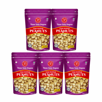 360 Three Sixty Degree Lime & Pepper Peanuts Zipper 140 Grams X 5 = 700 Grams | Khara sing | Mungfali | Crunchy Peanut | Tasty & Nutritious | High Protein |