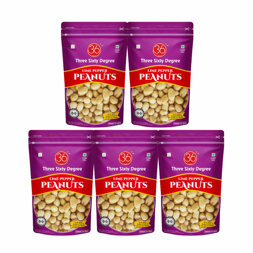 360 Three Sixty Degree Lime & Pepper Peanuts Zipper 140 Grams X 5 = 700 Grams | Khara sing | Mungfali | Crunchy Peanut | Tasty & Nutritious | High Protein |