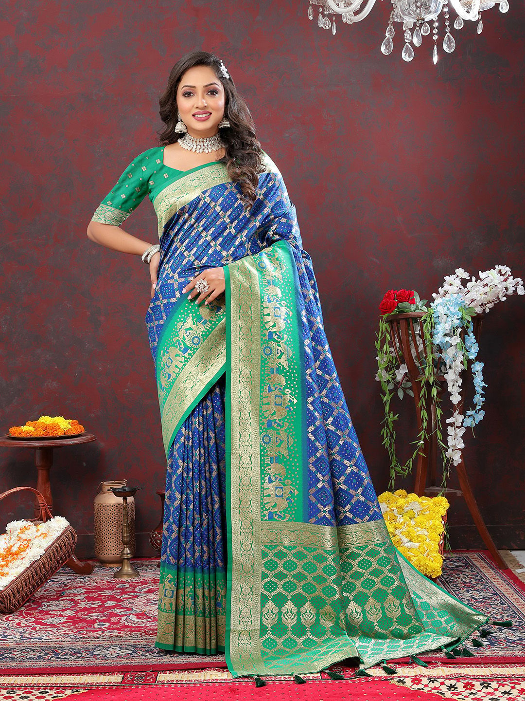 Blue & Green Patola Silk Woven Design Meenakari Weaving Saree