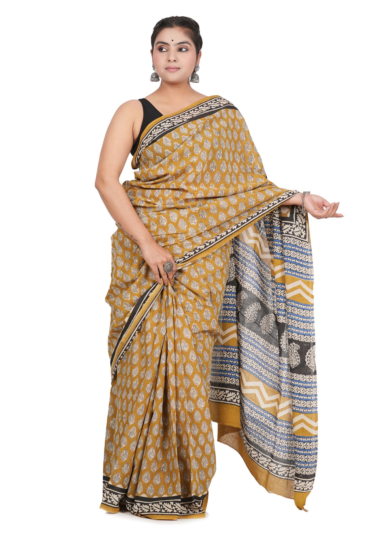 Bagru Handblock Printed Cotton Saree With Blouse - (1TTXSARRJ17106-14)