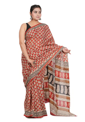 Bagru Handblock Printed Cotton Saree With Blouse - (1TTXSARRJ17106-17)