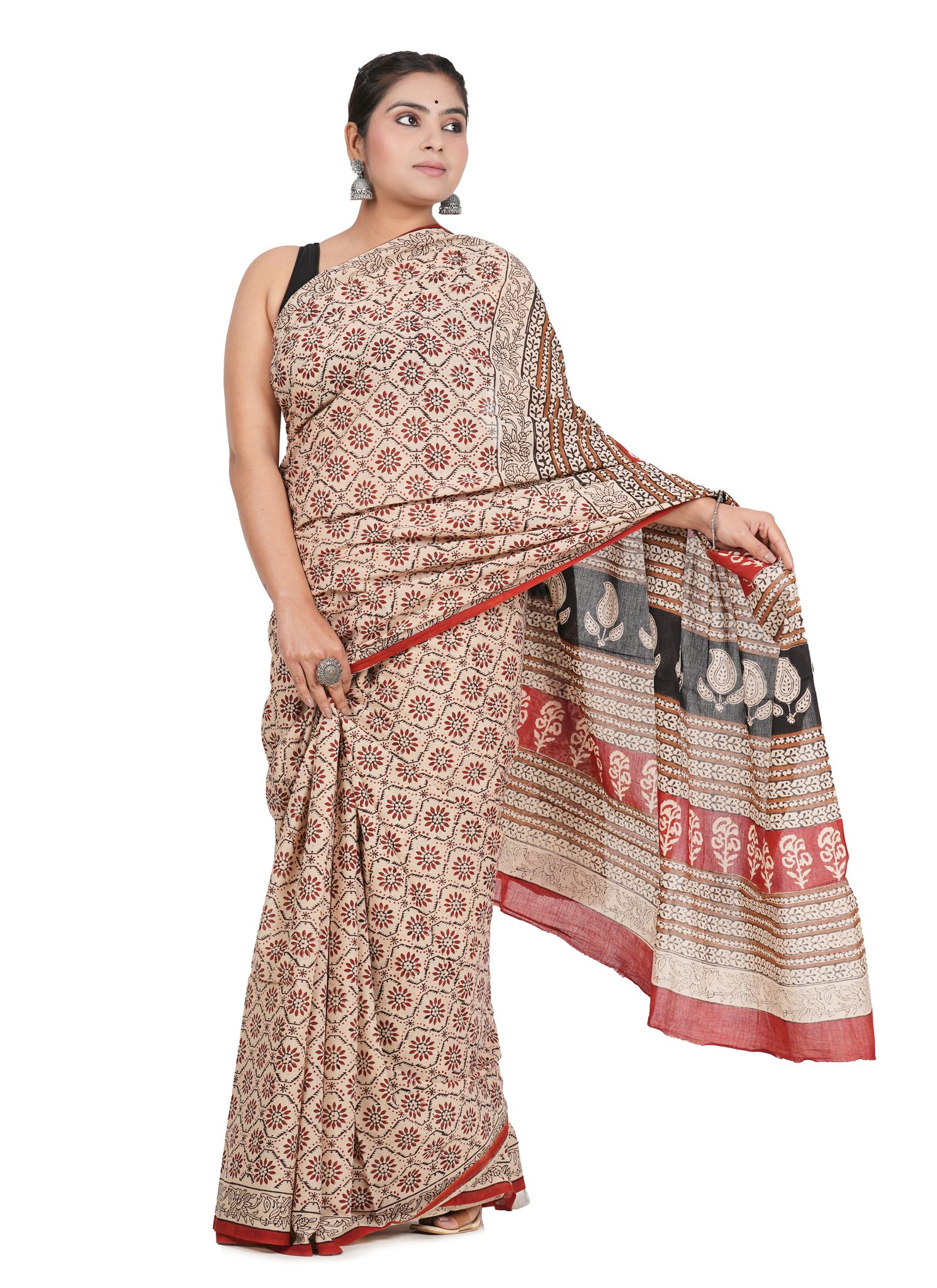 Bagru Handblock Printed Cotton Saree With Blouse - (1TTXSARRJ17106-18)