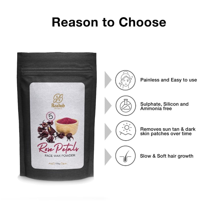 Rose Petals Face Wax Powder, 5 min Painless Natural Face Hair Removal Waxing Powder, Easy to use at home, No chemicals - No Irritation, No Skin rashes -100gm