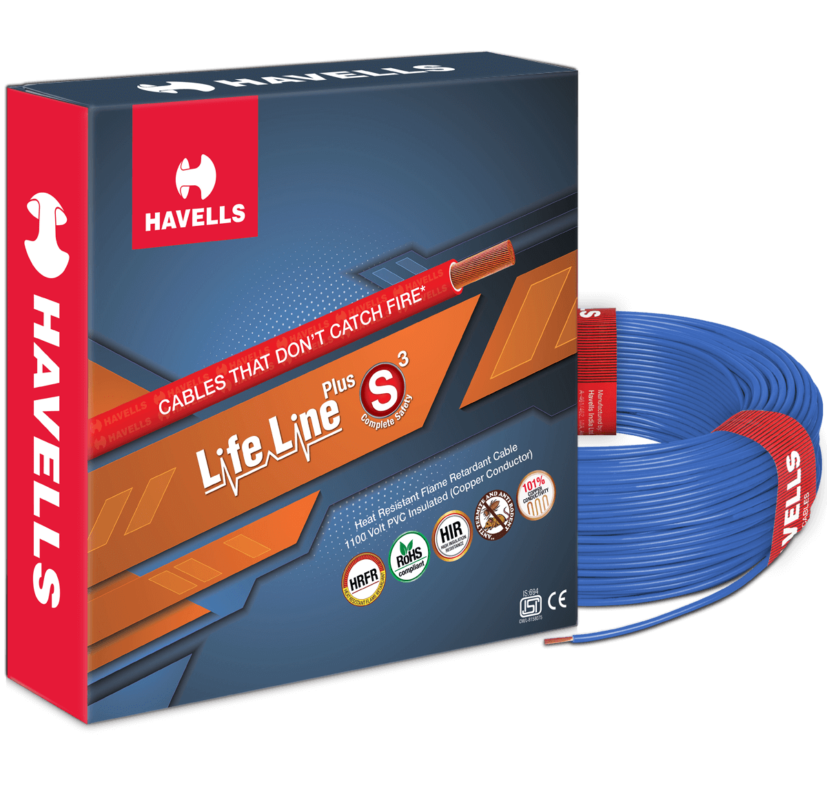 HAVELLS LIFE LINE PLUS S3 HRFR CABLES 1.0MM 90MTR LENGTH COPPER WIRE (100% ORIGINAL)