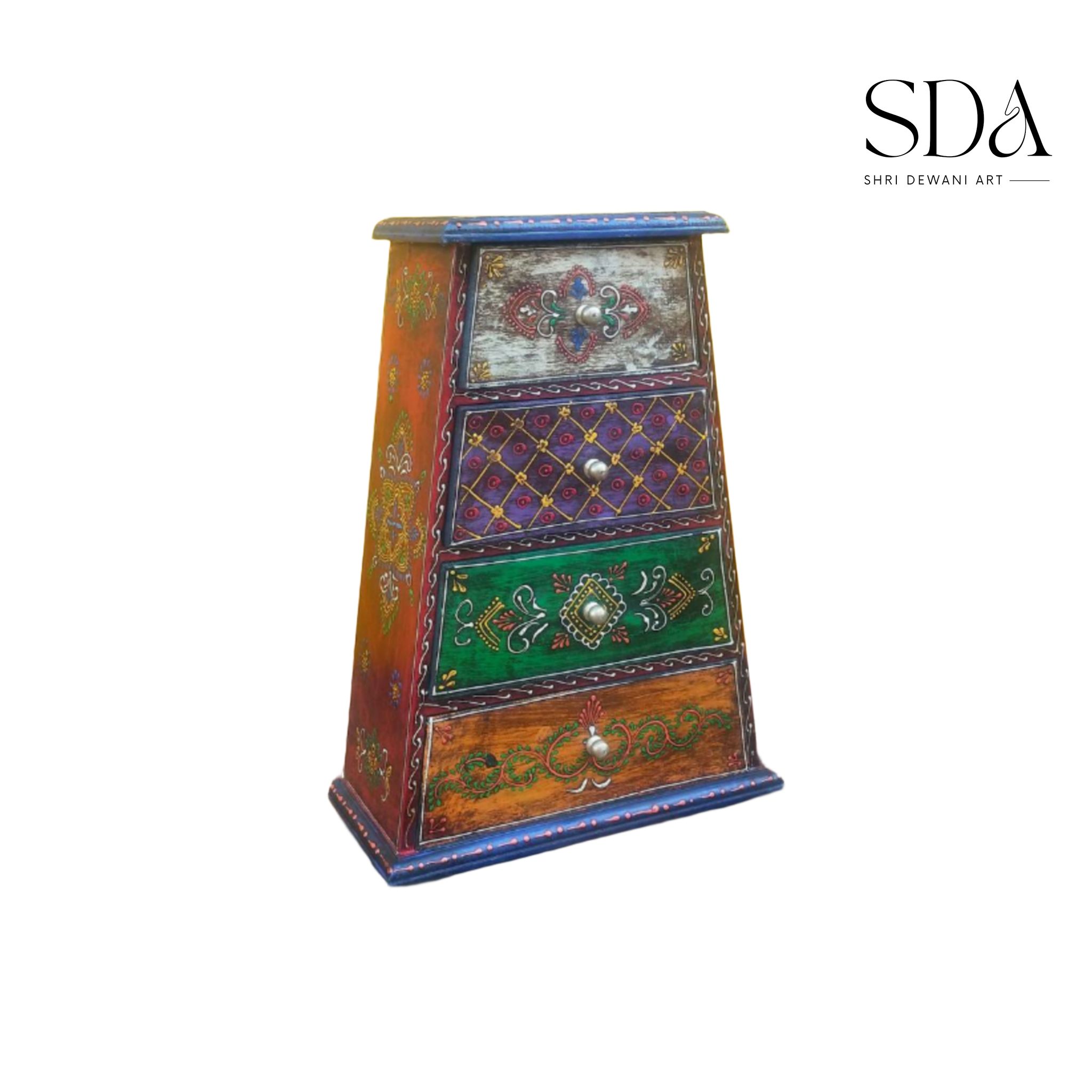 Antique Rajasthani Unique Fancy Traditional Decorative Handcrafted Hand-Painted Wooden Side 4 Pyramid Drawer Box Home/Table Decor Showpiece/Drawer Chest Gift Box