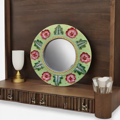 VMAntique Decor Wooden Carved Handicraft Carved Wall-Mirror,Off-White Wooden Wall-Mirror, Home Living Round Wall-Mirror