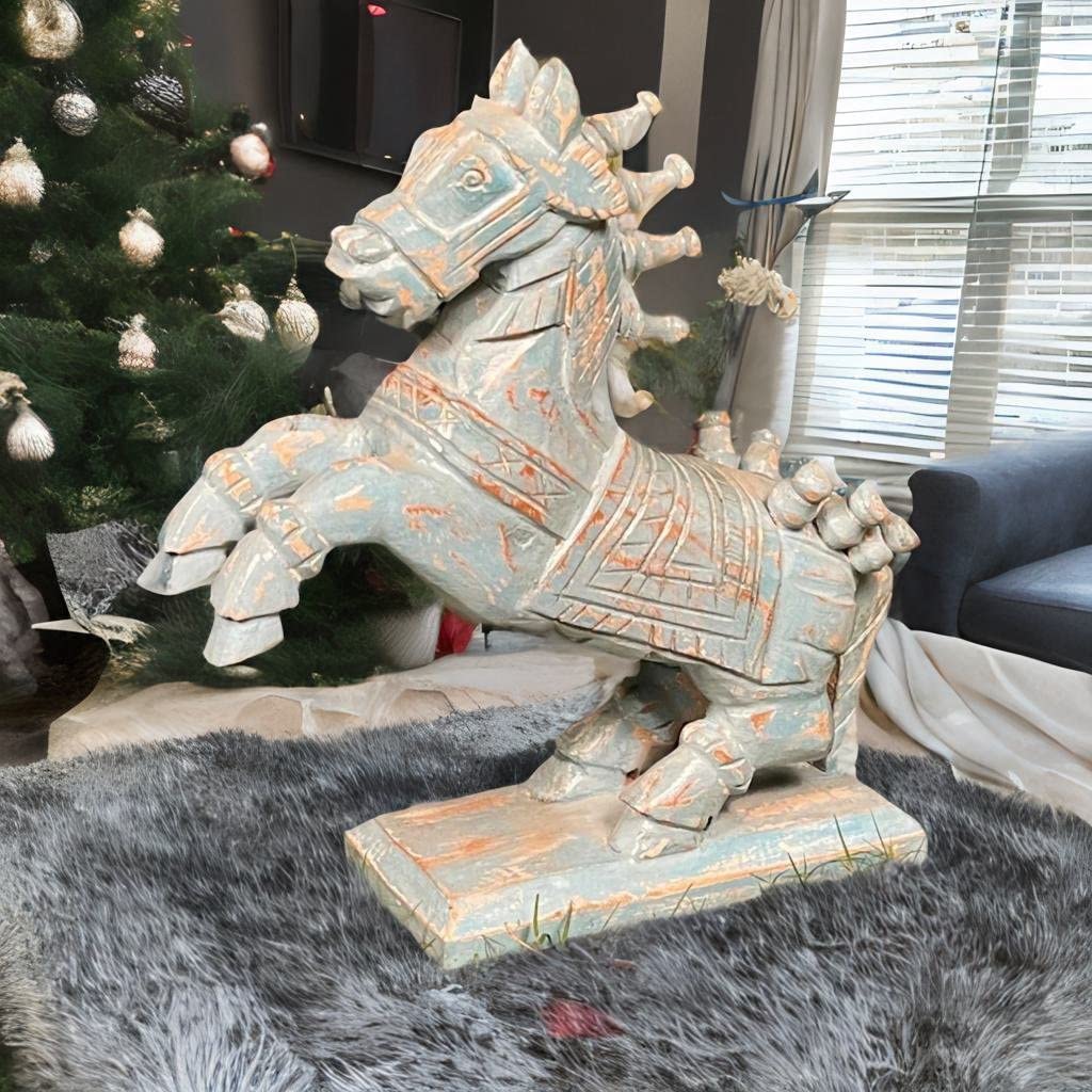 Vm Antique Decor Handicraft Table Decors Running Horse-Statue,Distressed-Blue Wooden Showpiece Set 1