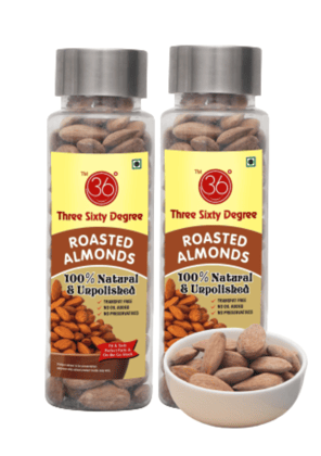 360 Three Sixty Degree Roasted Natural & Unpolished Almonds Badam, 220grams ( 2 x 110Grams Each)