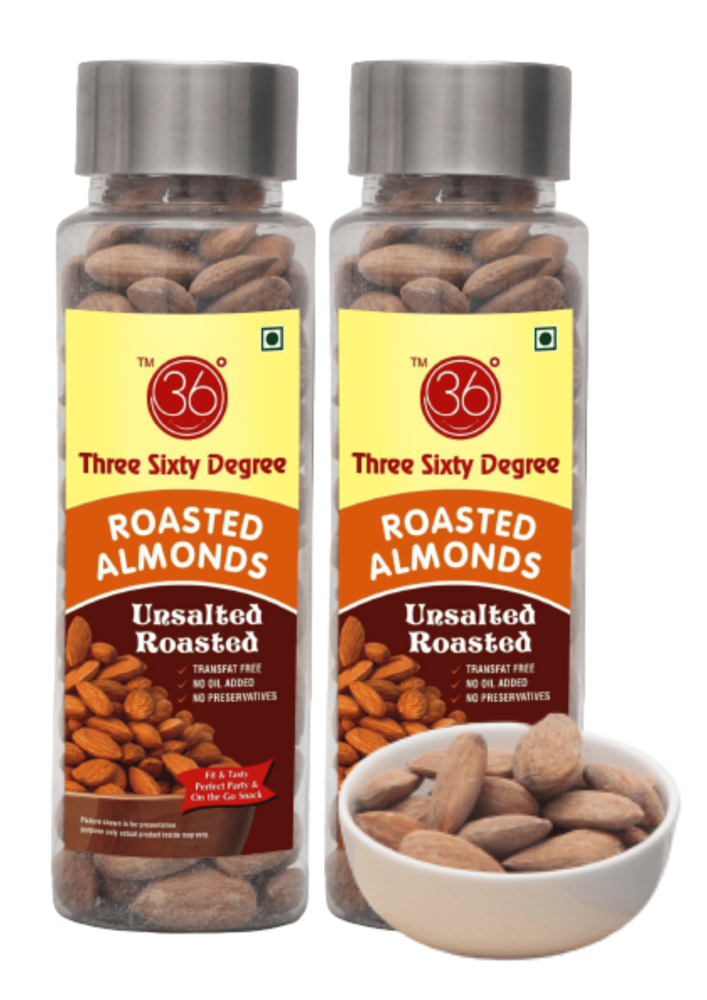 360 Three Sixty Degree Roasted Unsalted Almonds Badam, 220grams ( 2 x 110Grams Each)