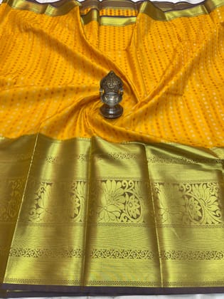 Yellow Color Long Border Saree with Gold Zari work Contrast Pallu and Plain Bordered Blouse