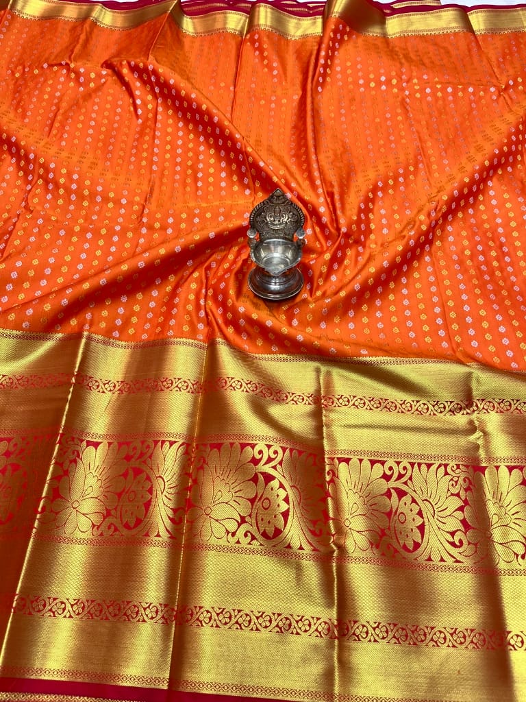 Dark Orange Color Long Border Saree with Gold Zari work Contrast Pallu and Plain Bordered Blouse