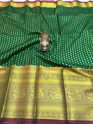 Dark Green Color Long Border Saree with Gold Zari work Contrast Pallu and Plain Bordered Blouse