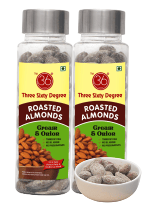 360 Three Sixty Degree Roasted Cream & Onion Almonds Badam, 220grams (2 x 110Grams Each)