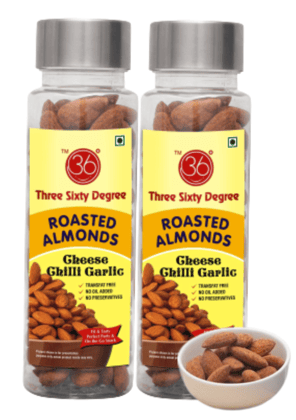 360 Three Sixty Degree Roasted Cheese Chilli Garlic Almonds Badam, 220grams (Pack of2 x 110grms)