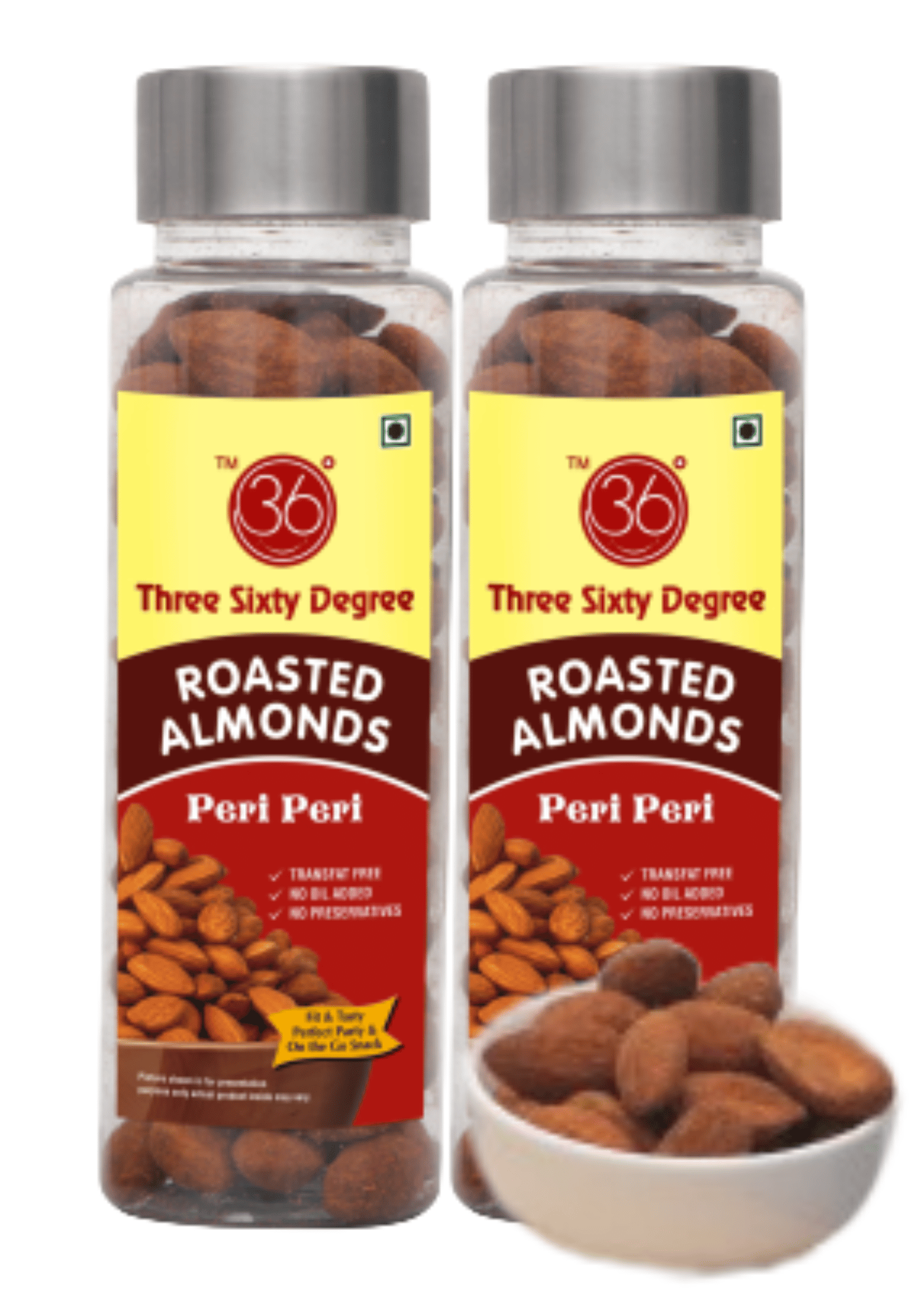 360 Three Sixty Degree Roasted Peri Peri Almonds Badam, 220grams (2 x 110Grams Each)