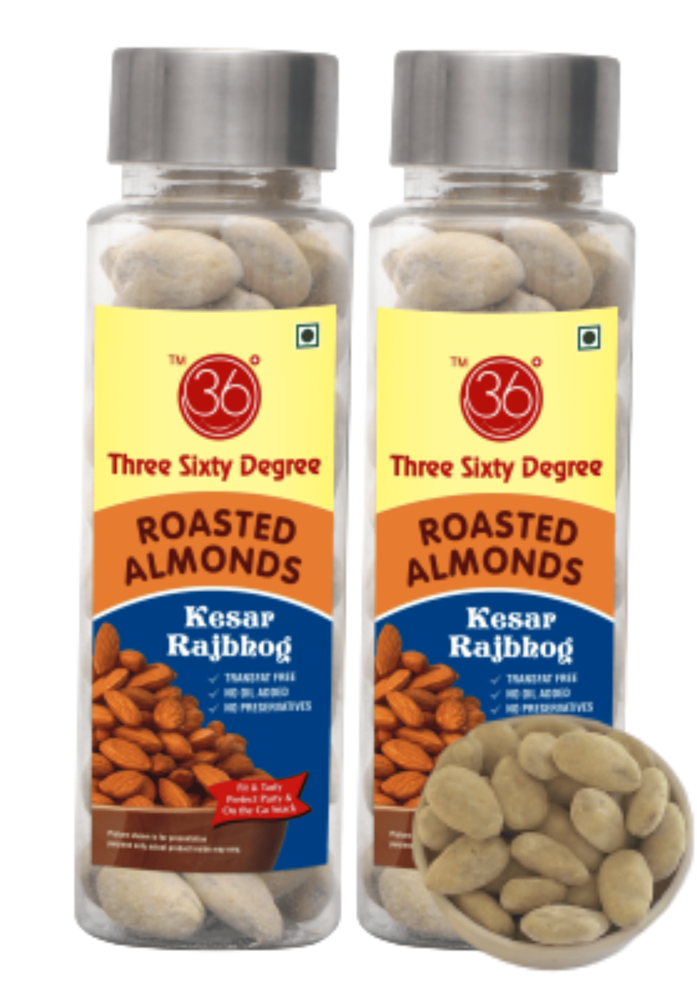 360 Three Sixty Degree Roasted Kesar Rajbhog Almonds Badam, 220grams (2 x 110Grams Each)