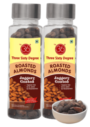 360 Three Sixty Degree Roasted Jaggery Coated Almonds Badam, 220grams (2 x 110Grams Each)