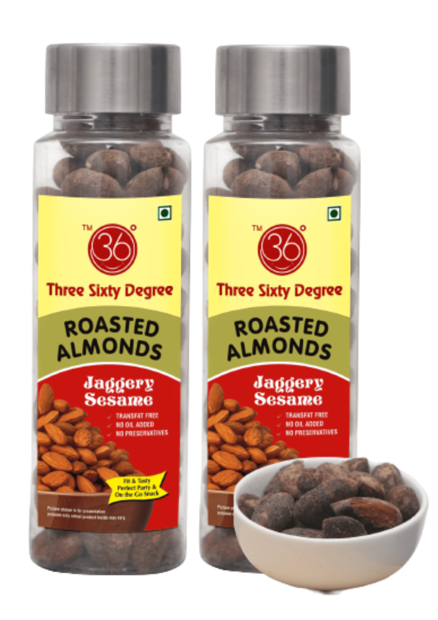 360 Three Sixty Degree Roasted Jaggery Seasme Almonds Badam, 220grams ( 2 x 110Grams Each)