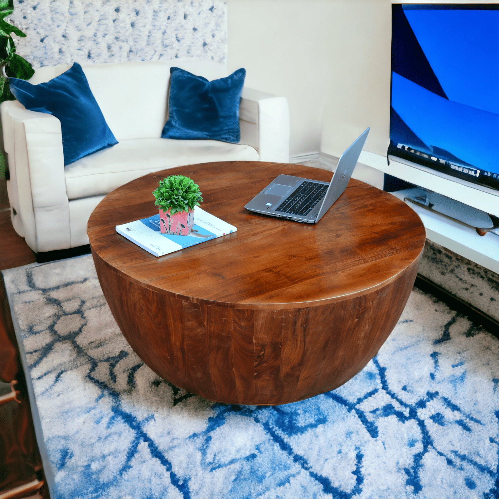 Round Wooden Drum Coffee Table Set 1