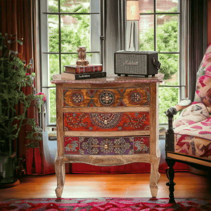 Wooden Handpainted Side Table for Bedroom Bedside Table with Drawers Wooden Rajasthani Bedside for Living Room  set 1