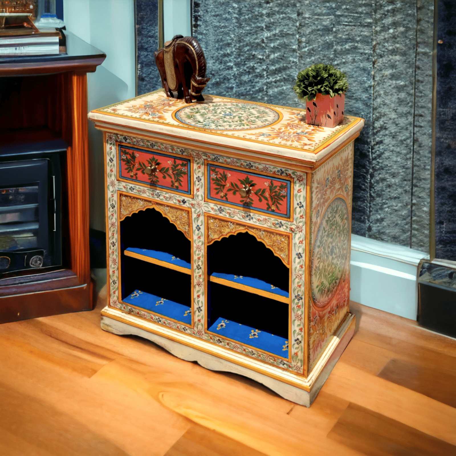 Wooden Handpainted Side Table for Bedroom  Bedside Table with Drawers  Wooden Rajasthani Bedside for Living Room set 1