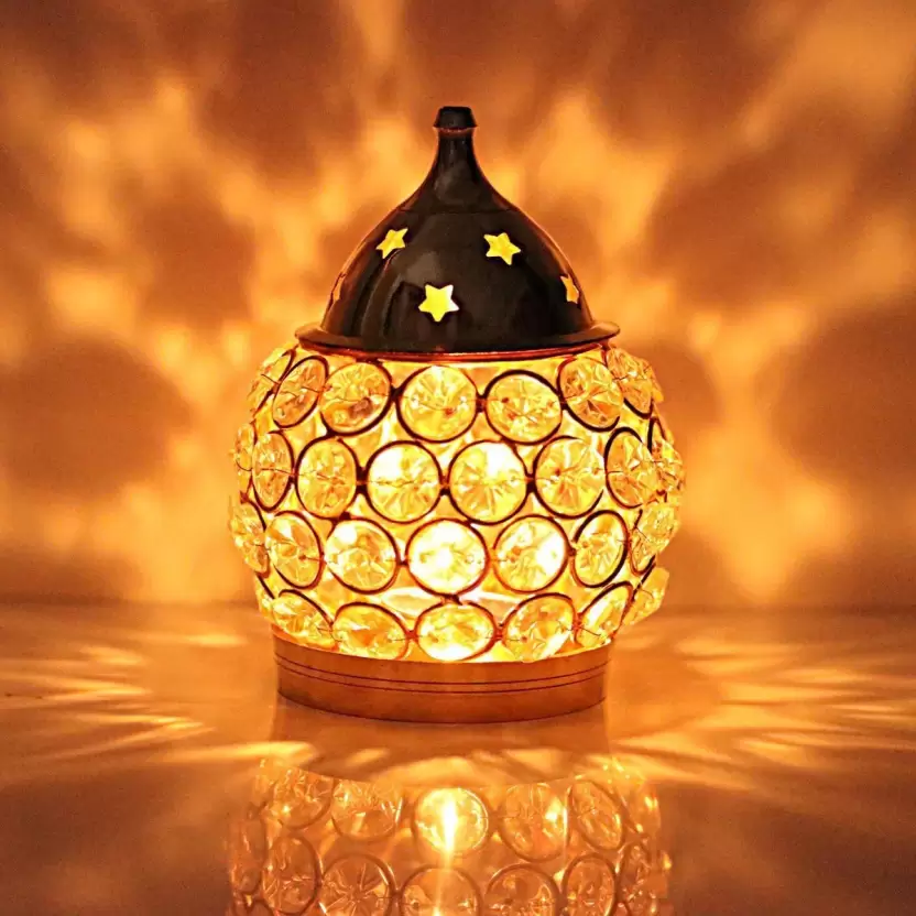 Samy Collectables  Brass Akhand Diya | Diamond Crystal Deepak/Dia | Akhand Jyot | Magical Lantern Brass Diya | Decorative Brass Crystal Oil Lamp | Tea Light Holder Lantern | Puja Lamp Brass Table Diya  (Height: 4 inch)