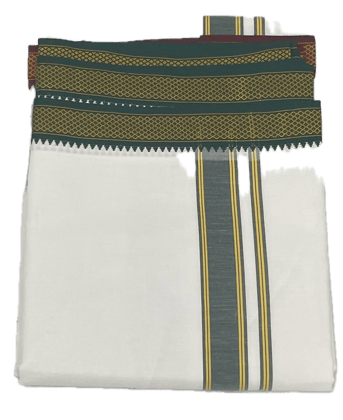 Traditional  Angavastram White Cotton Free Size Double Dhoti/Mundu with Big Gold Border - Towel Included