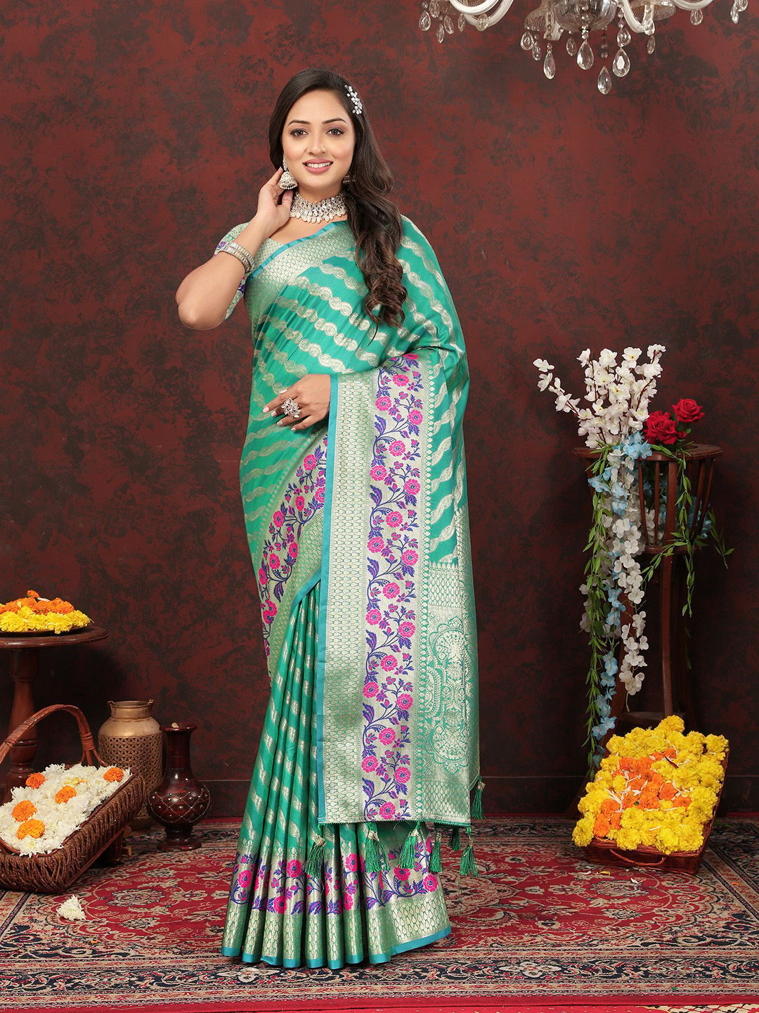 Teal Soft Silk Woven Design with Zari Weaving Leheriya Design Saree